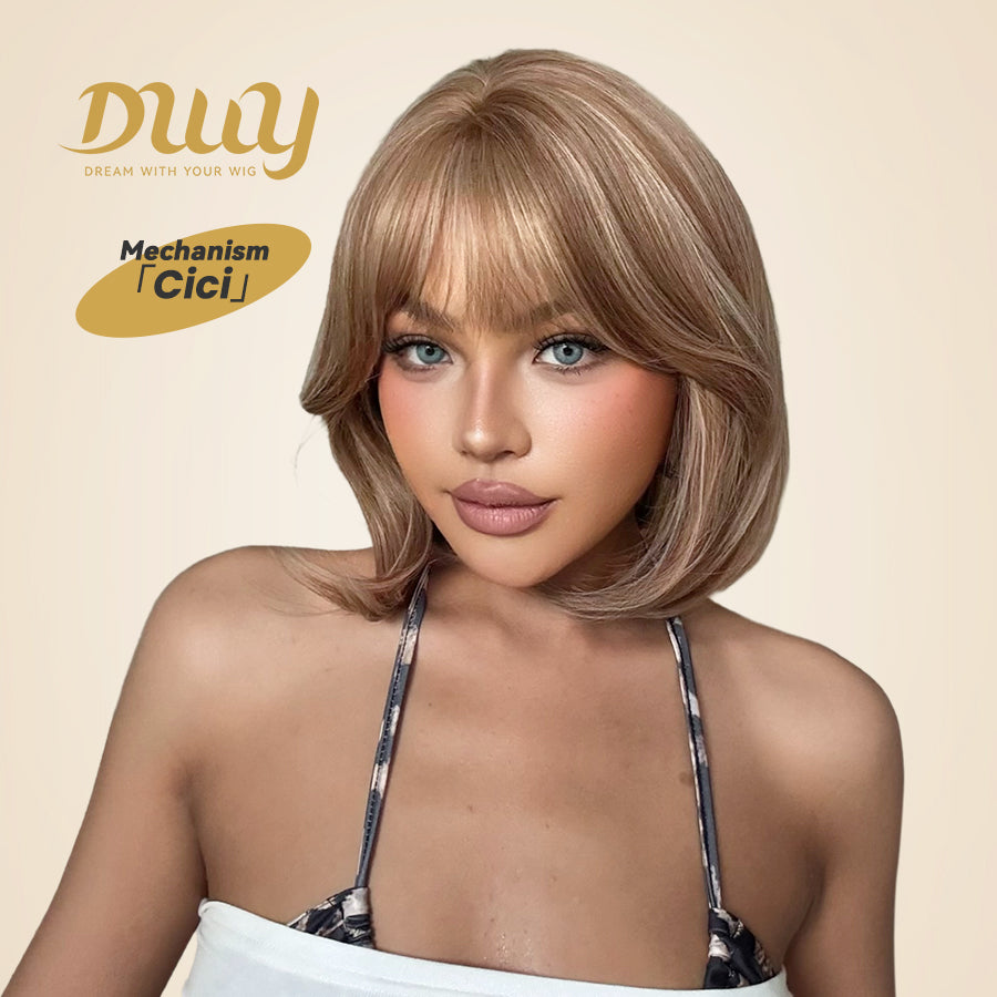Cici-New Arrival DWY MiraScalp Short-length Bob Hair Light Brown with Blonde Highlights Glueless Synthetic Wig