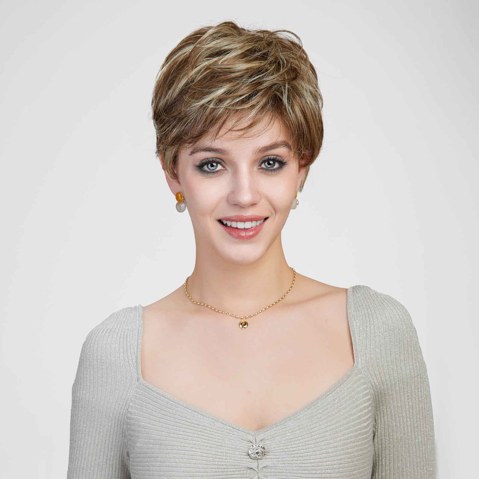 Bella-DWY Mono Lace Front Free Part Ash Brown Short Pixie Synthetic Wig