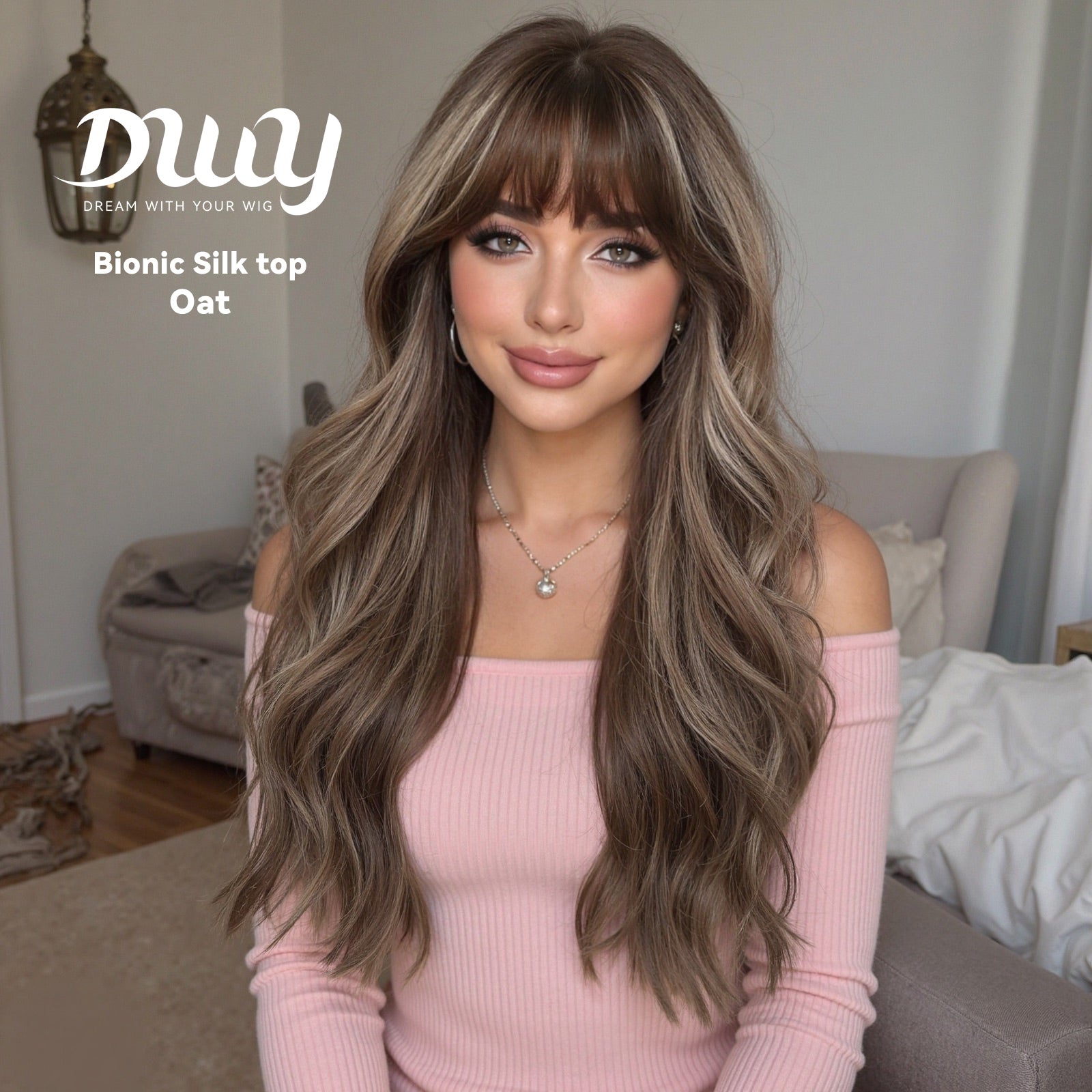 Apricot -DWY New Technology! Bionic Silk Top 24-Inch Long Wave Cowboy Copper Glueless Synthetic Wig with Bangs for Women High-Quality Premium Fiber Easy Wear Comfortable Fit