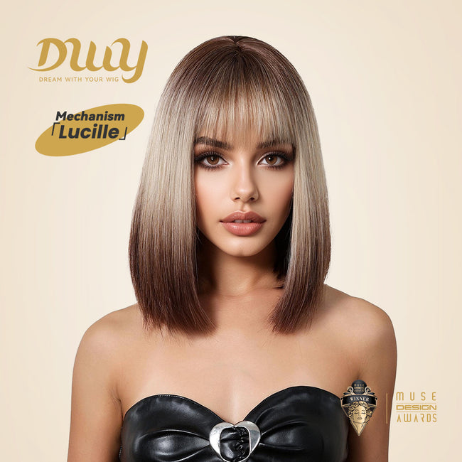 Lucille H-DWY Short Rooted Blonde with Brown Ends Natural Straight Glueless Synthetic Wig with Bangs for Women 12 Inches