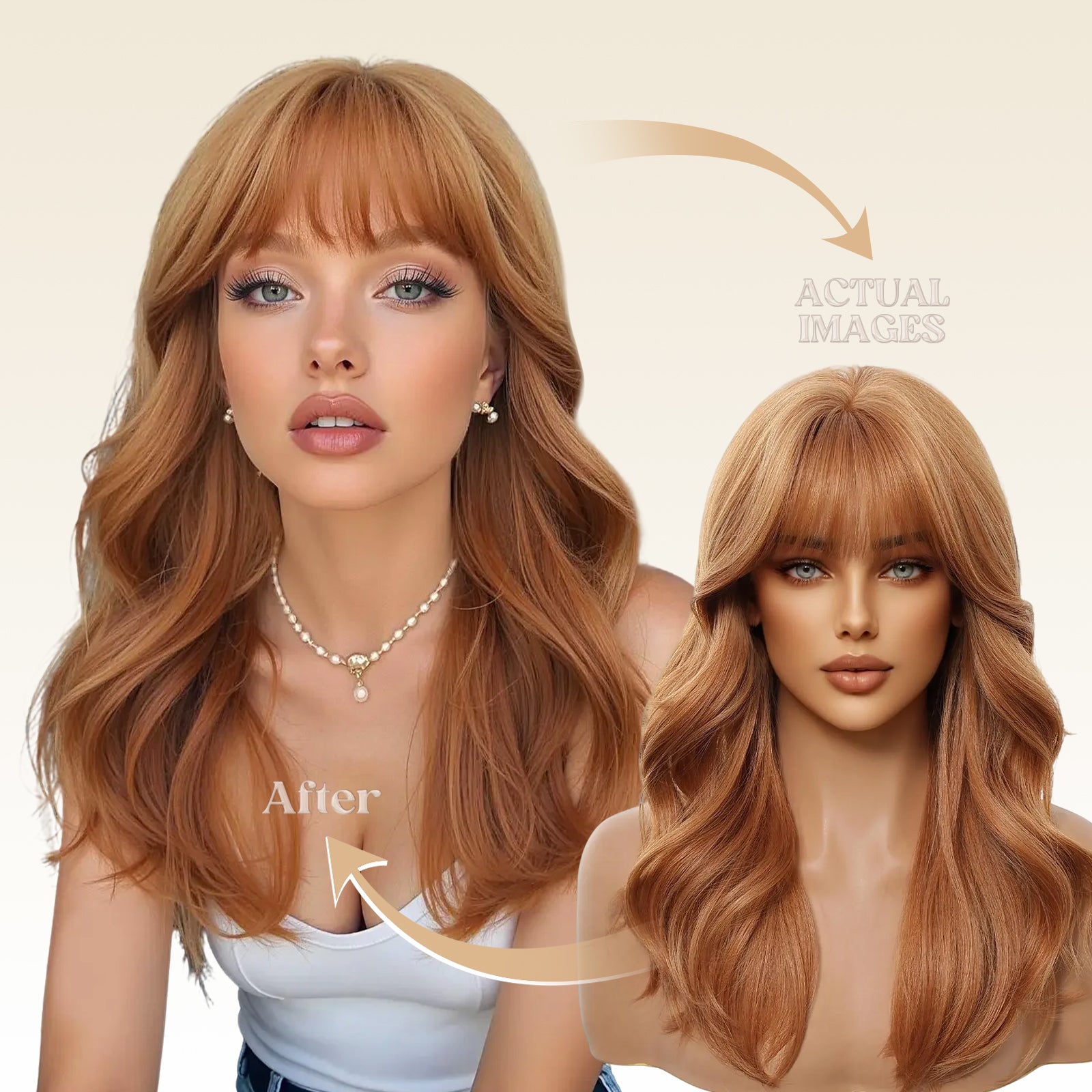 Rina-DWY Machine Made Mid-length Wavy Hairstyle Auburn with Blunt Bangs Glueless Synthetic Wig for Women 18 Inches