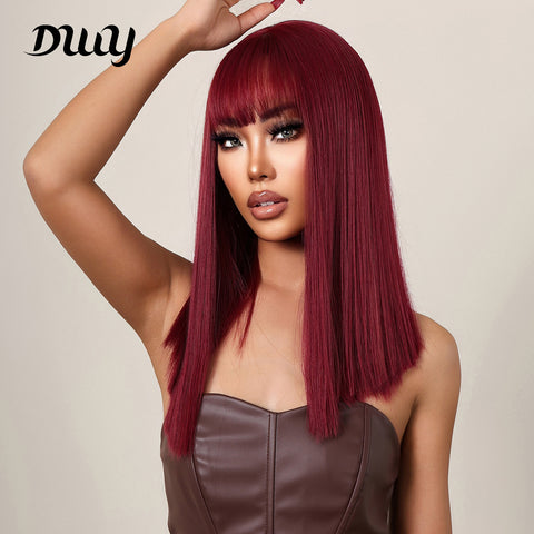 18 Inch Long Straight Wine Red Wigs with Bangs Wigs for Women LC2072-1