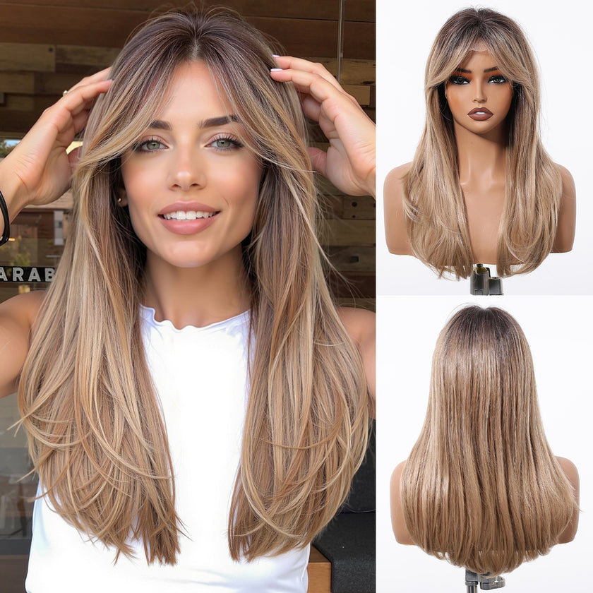 Melanie-DWY Blonde Synthetic Lace Front Long Straight Layered Glueless Wig