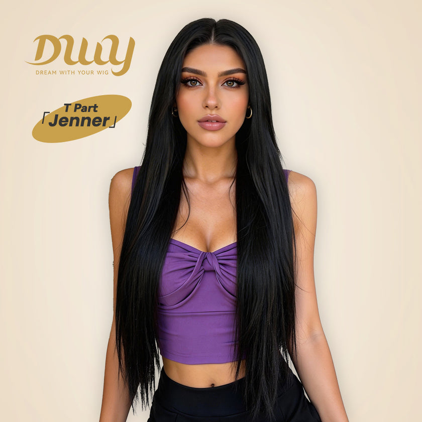 [CLEARANCE SALE] Jenner -DWY Lace Front Long Natural Black Middle Part Glueless Synthetic Wig for Women 30 Inches Straight Full Voluminous Classic Style