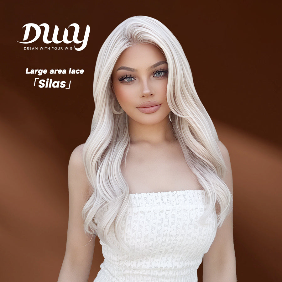 Silas C-DWY 13×6 Lace Front Free Part Long-Length Curly Platinum Blonde Glueless Synthetic Wig