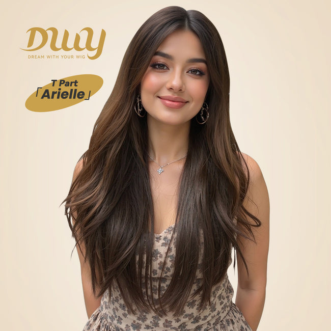 Arielle-DWY Lace Front Middle Part Long-Length Natural Wavy Dark Brown with Highlights Glueless Synthetic Wig