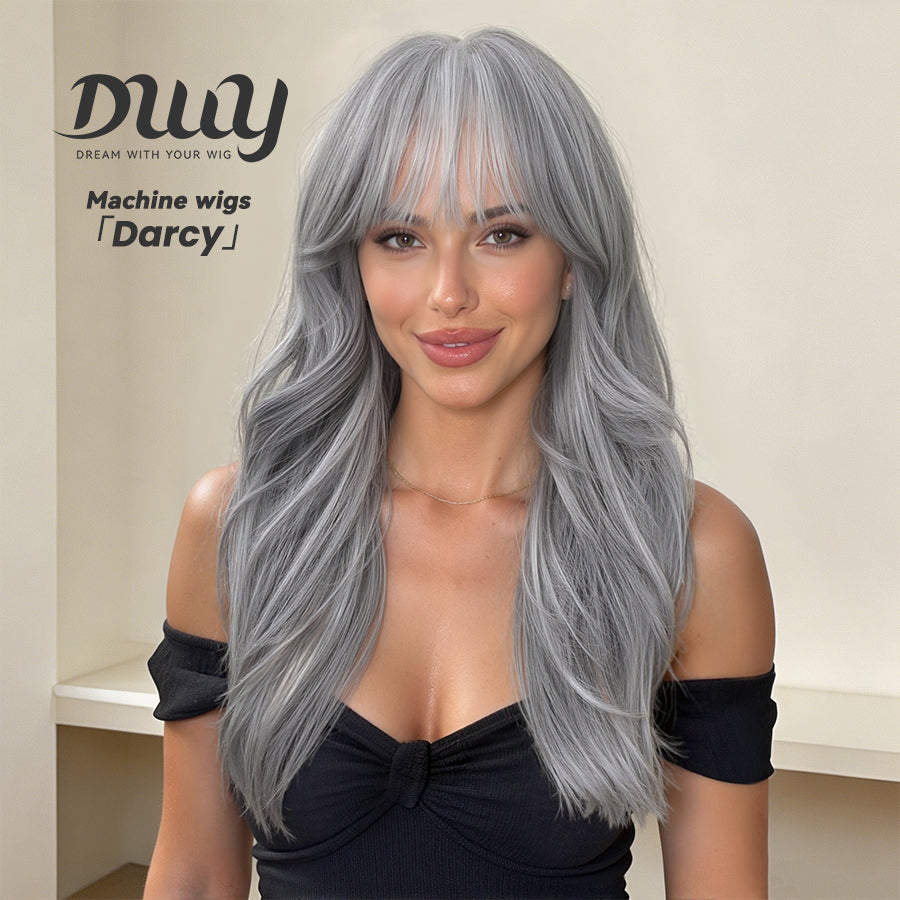 Darcy-DWY Machine Made Long-length Body Wave Grey with White Highlights Large Area Glueless Synthetic Wig for Women 24 Inches