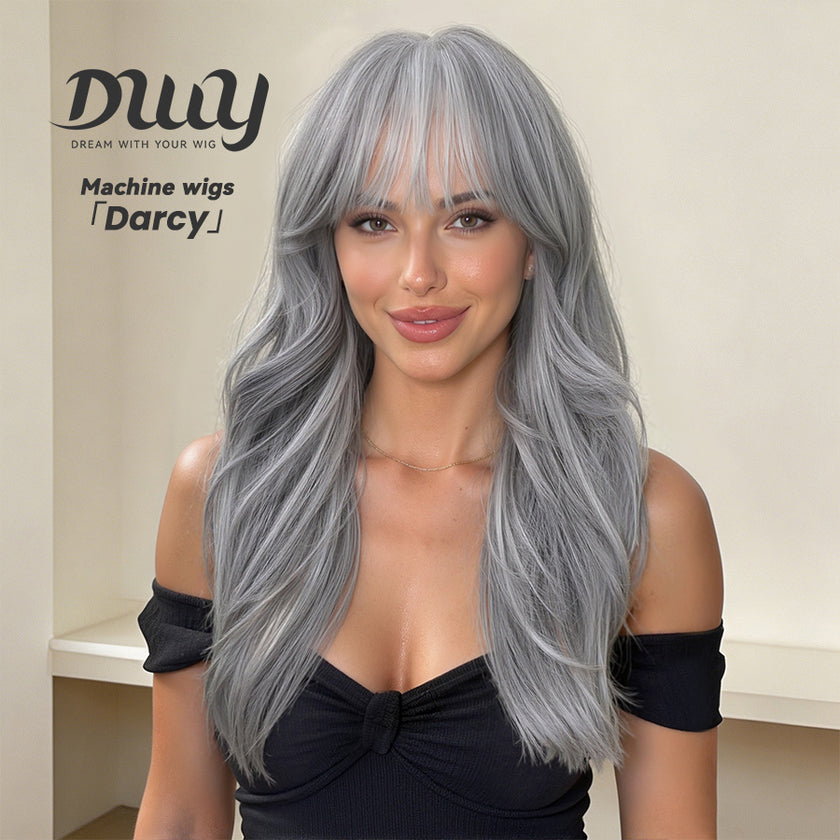 Darcy-DWY Machine Made Long-length Body Wave Grey with White Highlights Large Area Glueless Synthetic Wig for Women 24 Inches