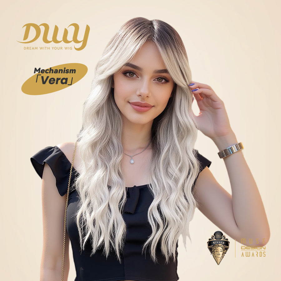 Vera-DWY Long Curly Rooted Gray Ivory Glueless Synthetic Wig