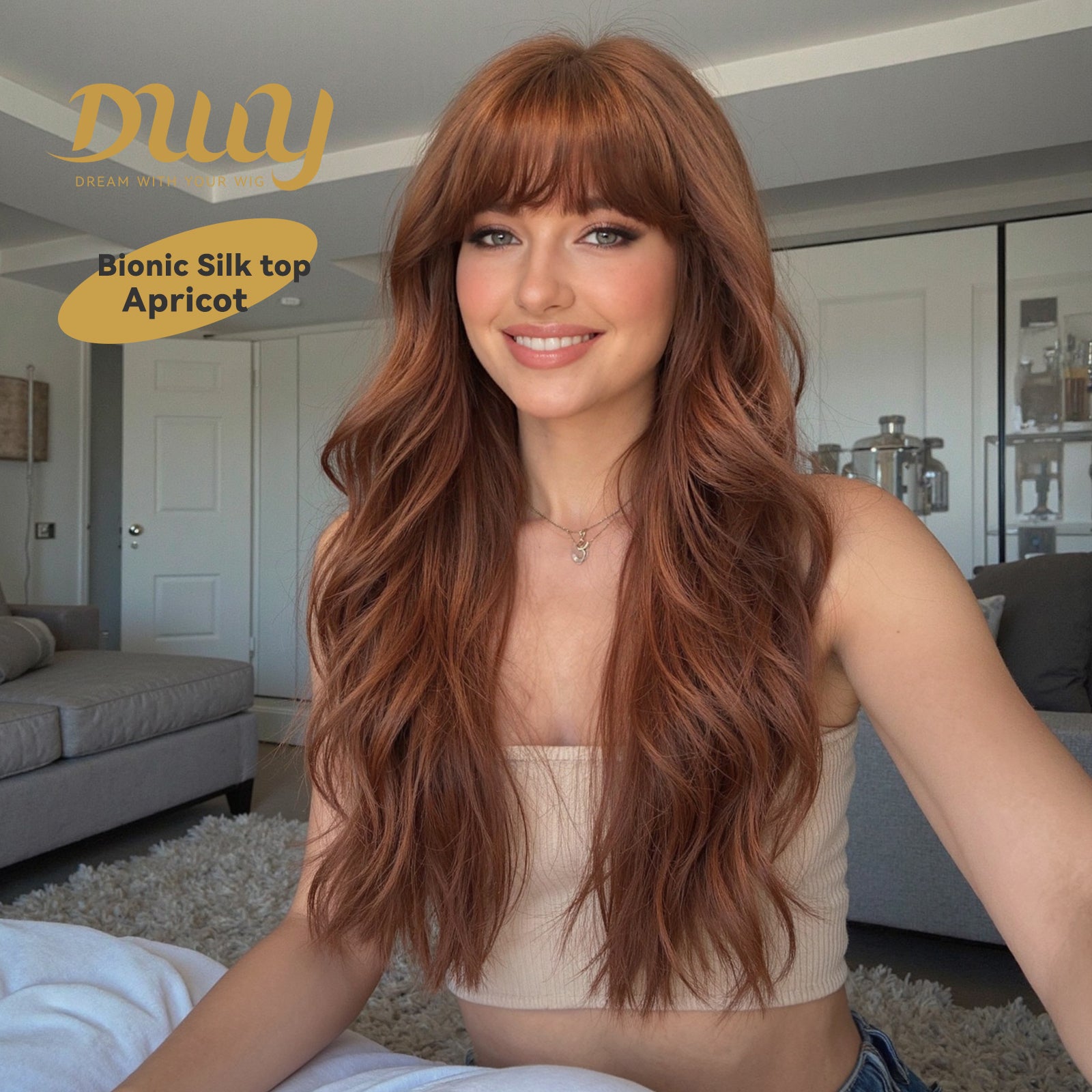 Apricot -DWY New Technology! Bionic Silk Top 24-Inch Long Wave Cowboy Copper Glueless Synthetic Wig with Bangs for Women High-Quality Premium Fiber Easy Wear Comfortable Fit