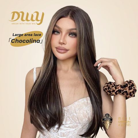 Chocolina-DWY Lace Front 13×6 Free Part Long Straight Brown With Blonde Highlights Synthetic Wig