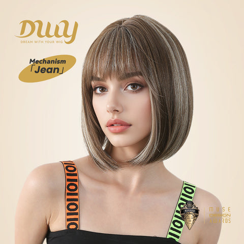 Jean-DWY 12-Inch Glueless Synthetic Wig: Chic Brown with Blonde Highlights and Bangs