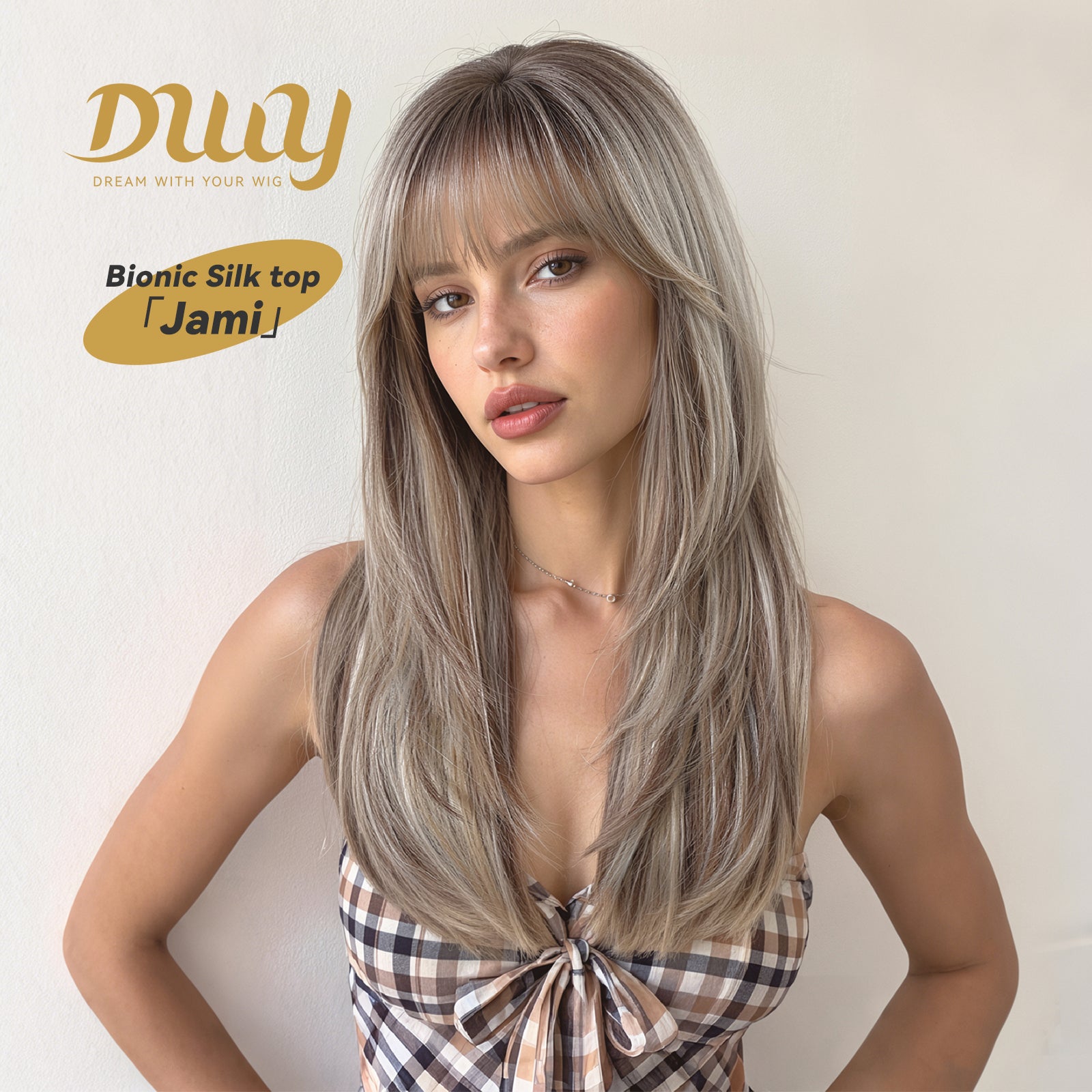 Jami - New! DWY Bionic Silk Top 22-Inch Long Layer cut Bronde Balayage Glueless Synthetic Wig with Bangs for Women High-Quality Premium Fiber Easy Wear Comfortable Fit Summer Looks