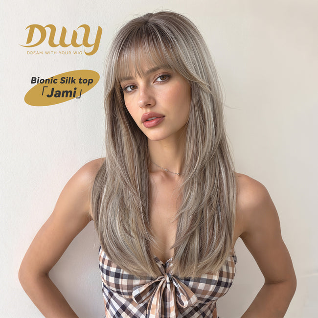 Jami - New! DWY Bionic Silk Top 22-Inch Long Layer cut Bronde Balayage Glueless Synthetic Wig with Bangs for Women High-Quality Premium Fiber Easy Wear Comfortable Fit Summer Looks