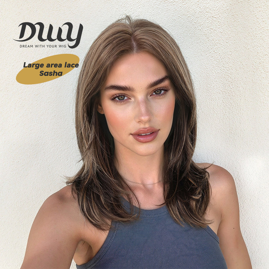 Sasha-DWY 13×4 Lace Front Free Part Mid-Length Wolf-cut Straight Truffle Brown Glueless Synthetic Wig for Women 18 Inches