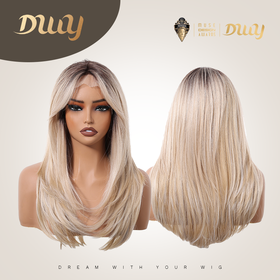 Mackenzie-DWY Blonde Synthetic Lace Front Wig Long Straight Layered Pre Plucked Glueless Wig