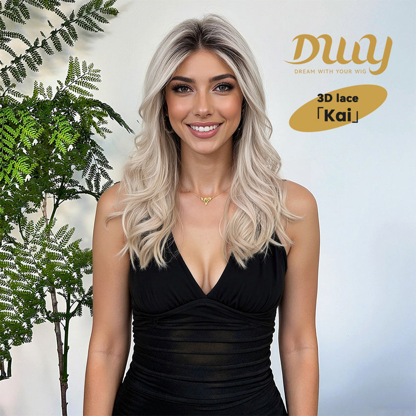 KAI C-New Technology ! DWY 3D Lace Front Free Part Mid-Length Wavy Platinum Blonde Synthetic Wig