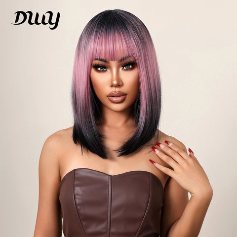 16 Inches Long Straight Pink Gradient Black Wigs with Bangs Synthetic Wigs Women's Wigs for Daily Use Party or Cosplay Taking Photos WL1121-1