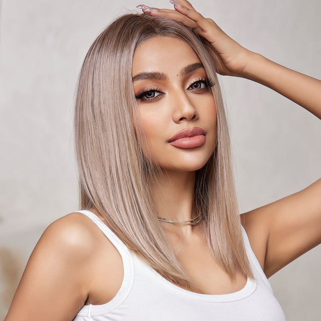 DWY Lace front 16 Inch light pink brown short straight wig