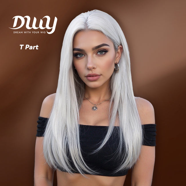 DWY Lace Front Middle Part Long-Length Straight White Glueless Synthetic Wig