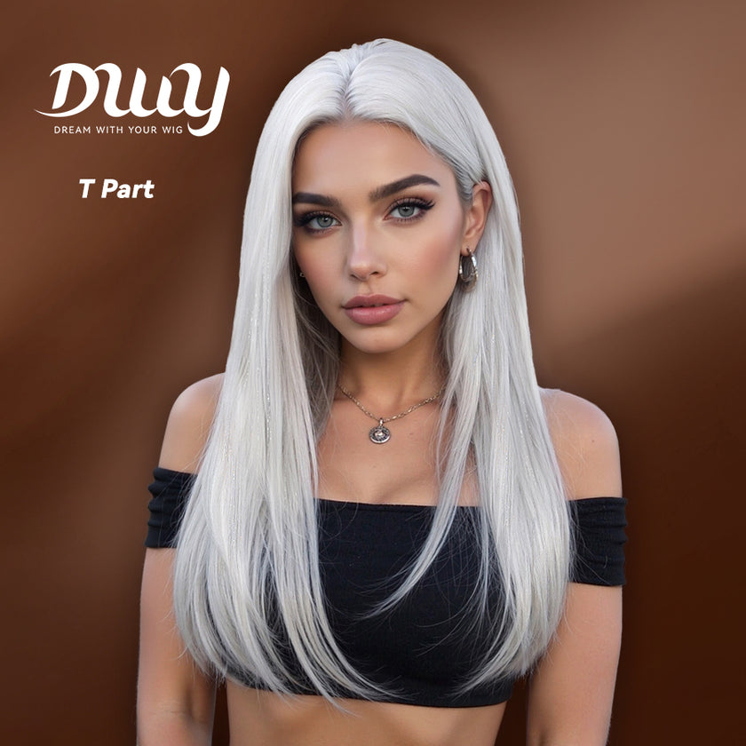 DWY Lace Front Middle Part Long-Length Straight White Glueless Synthetic Wig