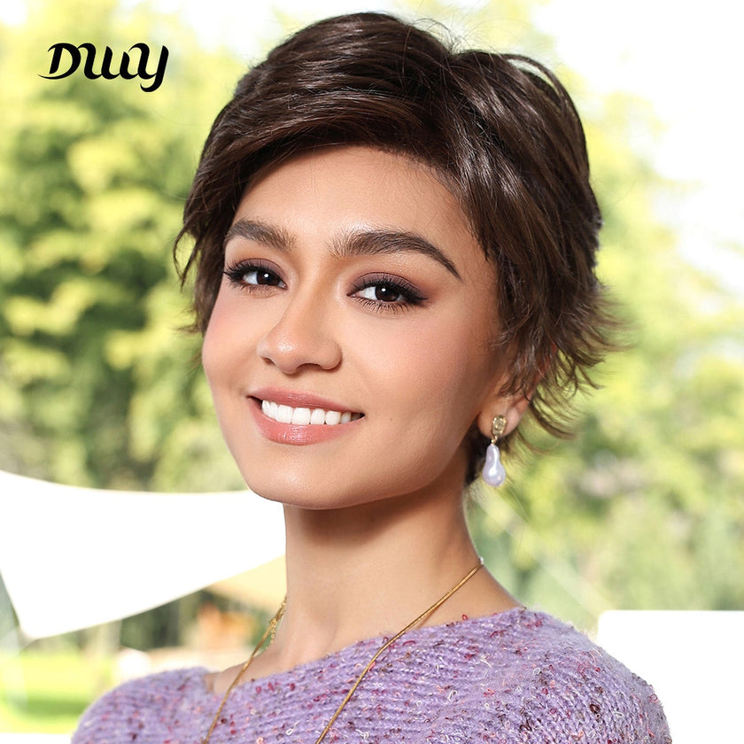 Kinsley-DWY Mono Lace Front Free Part Brown Short Pixie Synthetic Wig