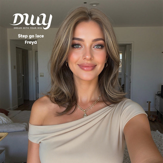 Freya-DWY NEW Step Go Lace Free Part Mid-Length Layered Brown Highlighted Glueless Mixed Japanese Fiber Wig