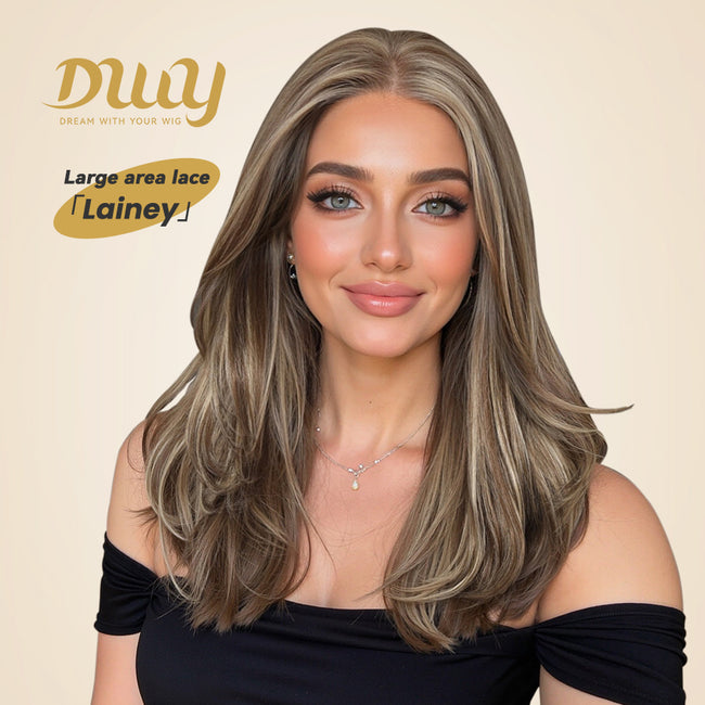 Lainey H-NEW COLOR DWY 13×4 Free Parting Hand -Tied Top Middle Length Light Brown with Highlights  Glueless Synthetic Wig