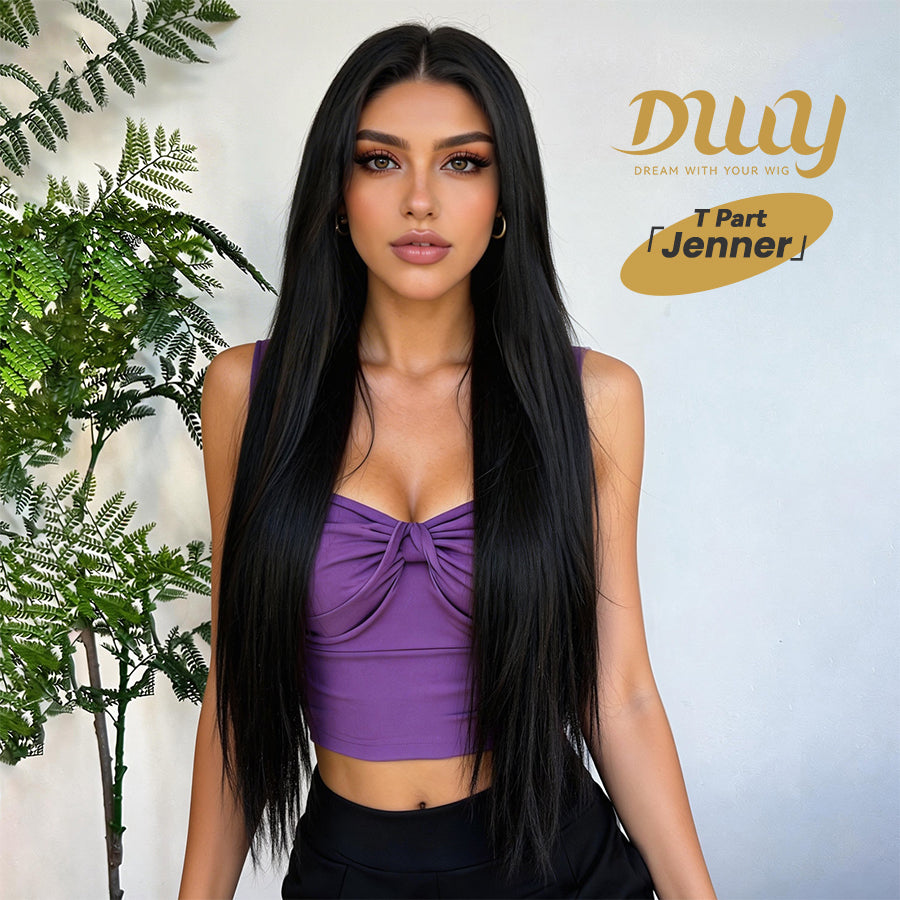 [CLEARANCE SALE] Jenner -DWY Lace Front Long Natural Black Middle Part Glueless Synthetic Wig for Women 30 Inches Straight Full Voluminous Classic Style