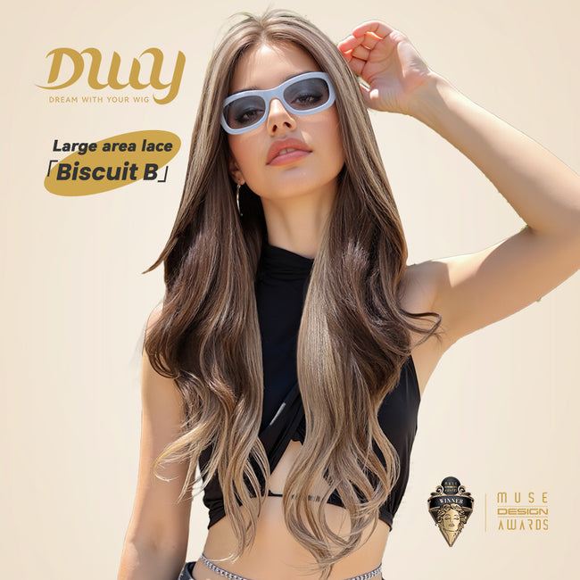 Biscuit-DWY Filter Lace 13×6 Body Waves Dark Brown Blonde Highlights Wig