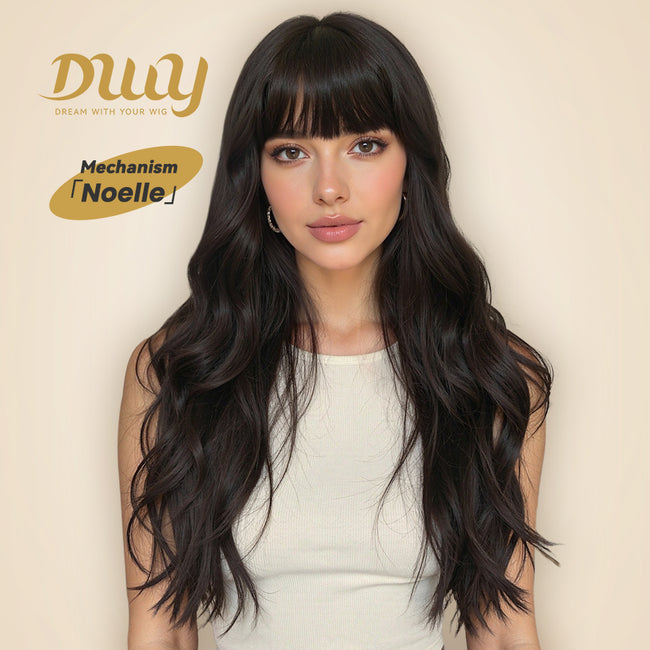 Noelle-DWY Free Part Machine Made Long Layer Wave Tea Black Glueless Synthetic Wig with Bangs for Women 26 Inches