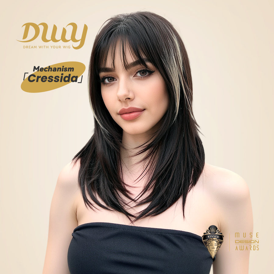 DWY Cressida-DWY Straight Layer-cut with White Highlights and Bangs Glueless Synthetic Wig