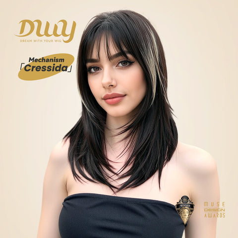 DWY Cressida-DWY Straight Layer-cut with White Highlights and Bangs Glueless Synthetic Wig