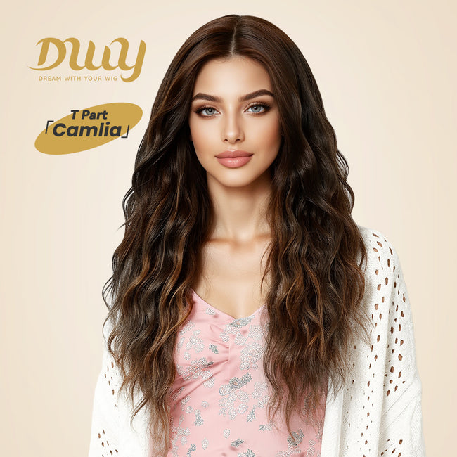 DWY Brown Mixed Synthetic Hair T-Part Lace Wig with Middle Parting