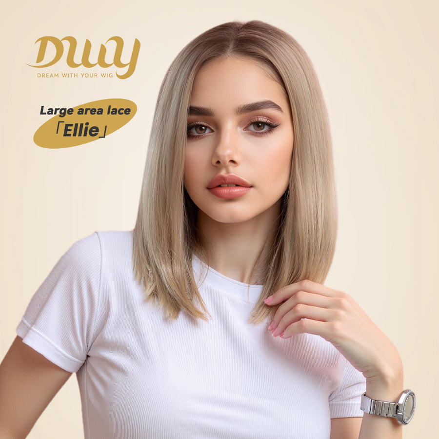 Ellie C-DWY 13×6 Lace Front Free Part Mid-Length Straight Rooted Ash Blonde Glueless Synthetic Wig for Women 16 Inches