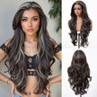 DWY Freepart Long length Curly Chocolate Brown Highlighted Wig