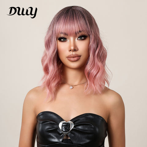 Ava-DWY Ombre Pink Curly Synthetic Wigs With Bangs