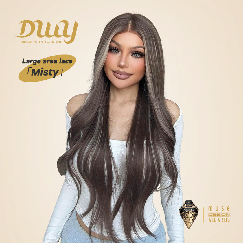 Misty-DWY Lace Front 13×6 Balayage Dark Brown Blonde Natural Wavy Free Part Synthetic Wig