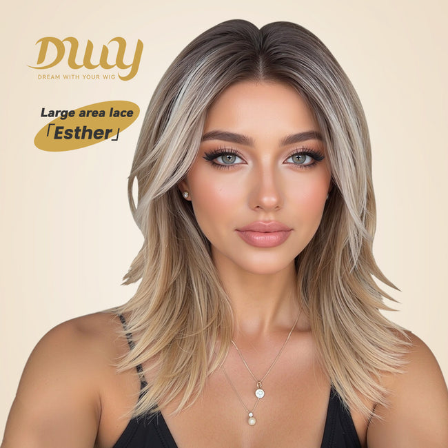 Esther C-DWY 13x4 Filter Lace Front Free Part Mid-Length Layer-cut Brown with Highlights Glueless Synthetic Wig