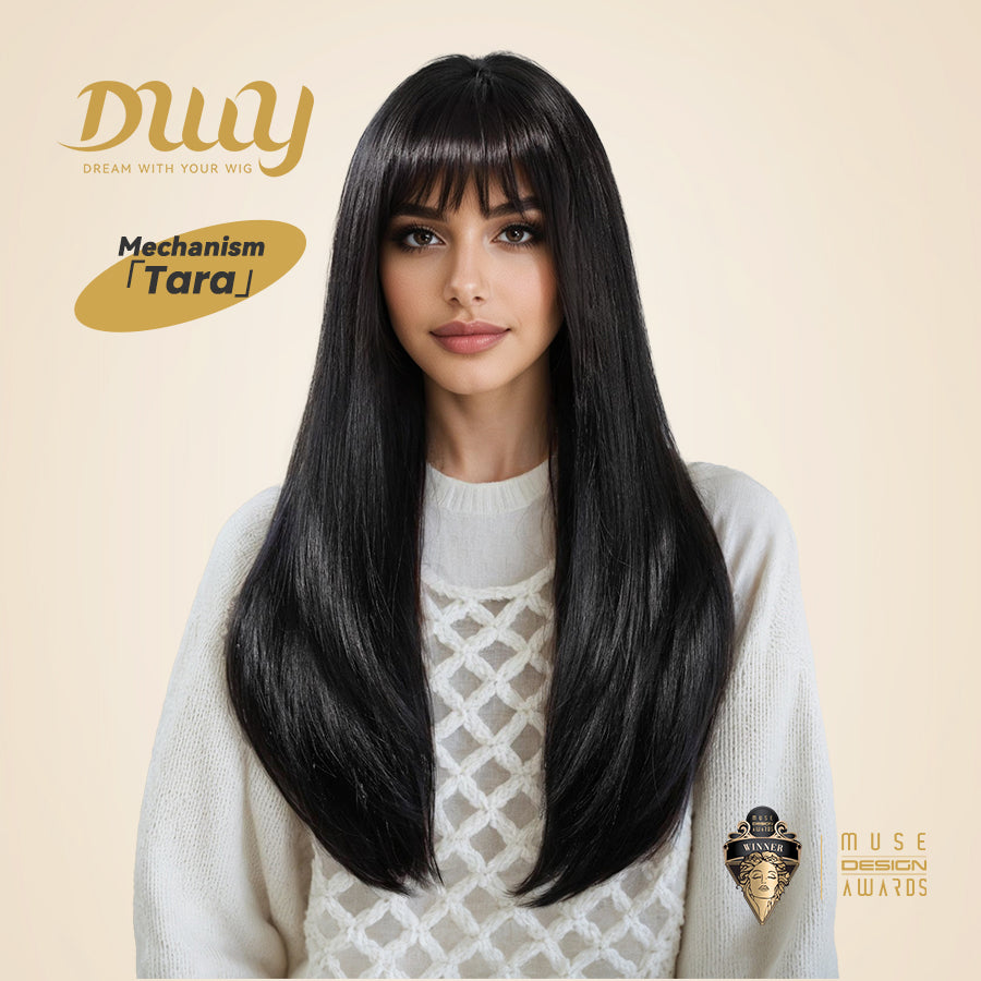 Tara-DWY Machine Made Long Silky Straight Chocolate Brown with Highlights with Bangs Glueless Synthetic Wig for Women 26 Inches