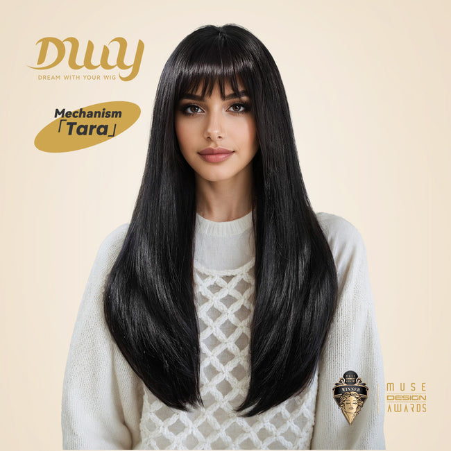 Tara-DWY Machine Made Long Silky Straight Chocolate Brown with Highlights with Bangs Glueless Synthetic Wig for Women 26 Inches