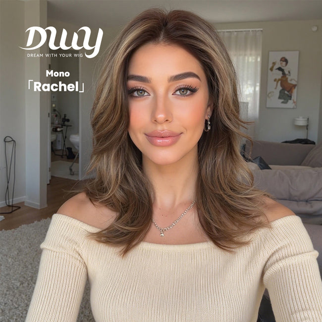 Rachel-DWY Mono Lace Front Free Part Collarbone Length Wavy Brown Glueless Synthetic Wig for Women 18 Inches Autumn Outfits Blonde Wigs Curly Wavy Blonde