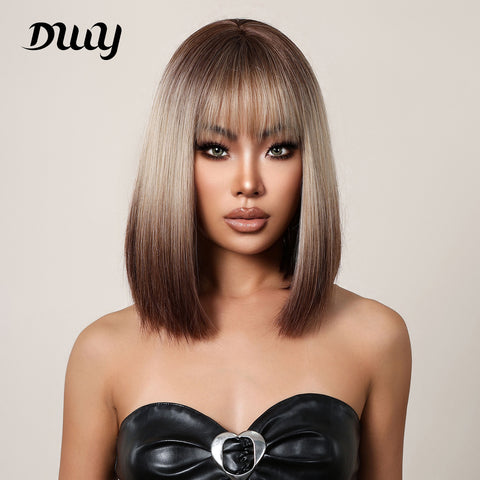 DWYWIGS Short Obmre Gray Brown Straight Wig Natural Fanshion DWY-LC2067-1