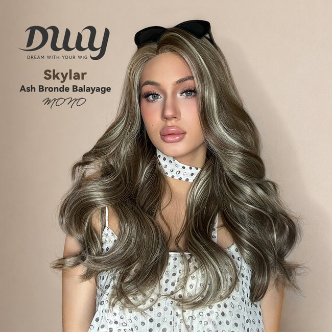 Skylar-DWY Mono Lace Front Free Part Long-Length Curly Brown with Highlights Glueless Synthetic Wig for Women 20 Inches
