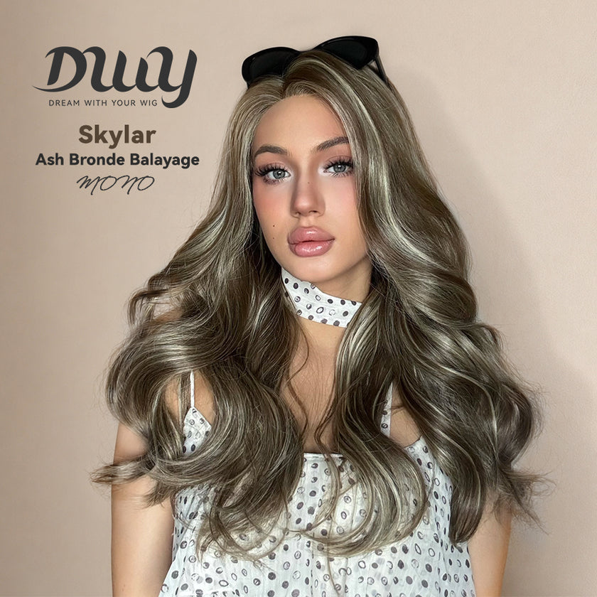 Skylar-DWY Mono Lace Front Free Part Long-Length Curly Brown with Highlights Glueless Synthetic Wig for Women 20 Inches