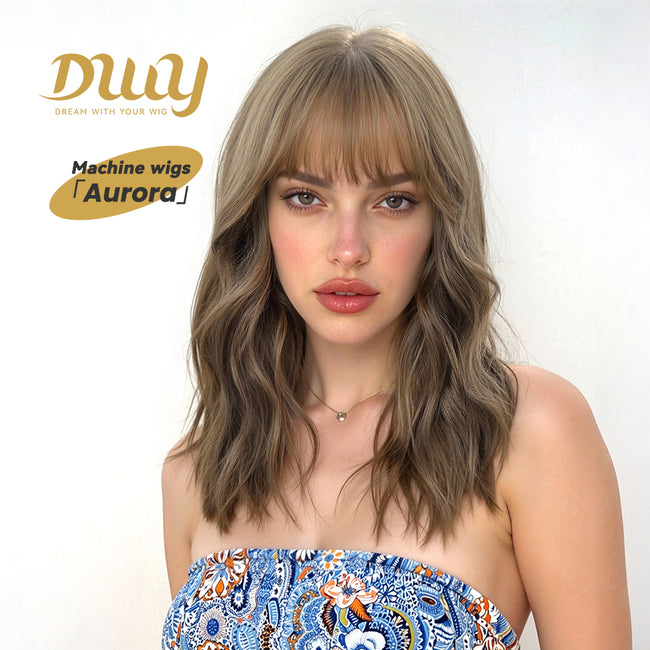 Aurora - NEW! DWY 20-Inch Light Brown Wave  Glueless Synthetic Wig with Bangs for Women High-Quality Premium Fiber Easy Wear Comfortable Fit Deep Wavy Wigs Curly Warm