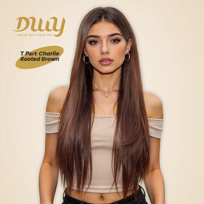 DWY 30-Inch Lace Front Wig - Silk Straight Natural Synthetic Wig with Middle Parting T-Part Design