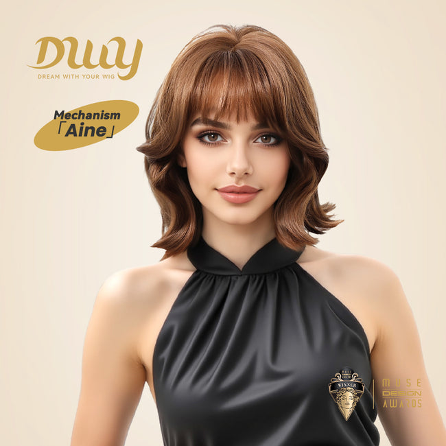 DWY Aine-DWY Short-Length Tea Brown Flip Bob Wig with Bangs Glueless Synthetic Wig
