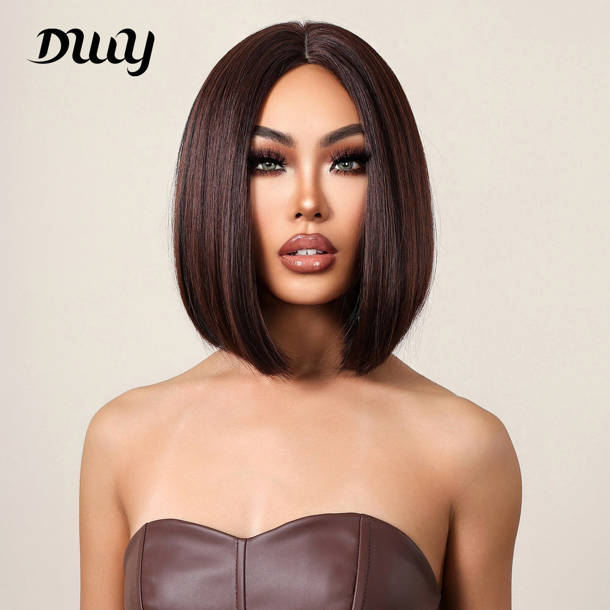 12 Inches Long Straight Brownish Black Synthetic Wigs with Reddish Brown Highlight Women's Wigs for Daily or Cosplay Use LC2009-1
