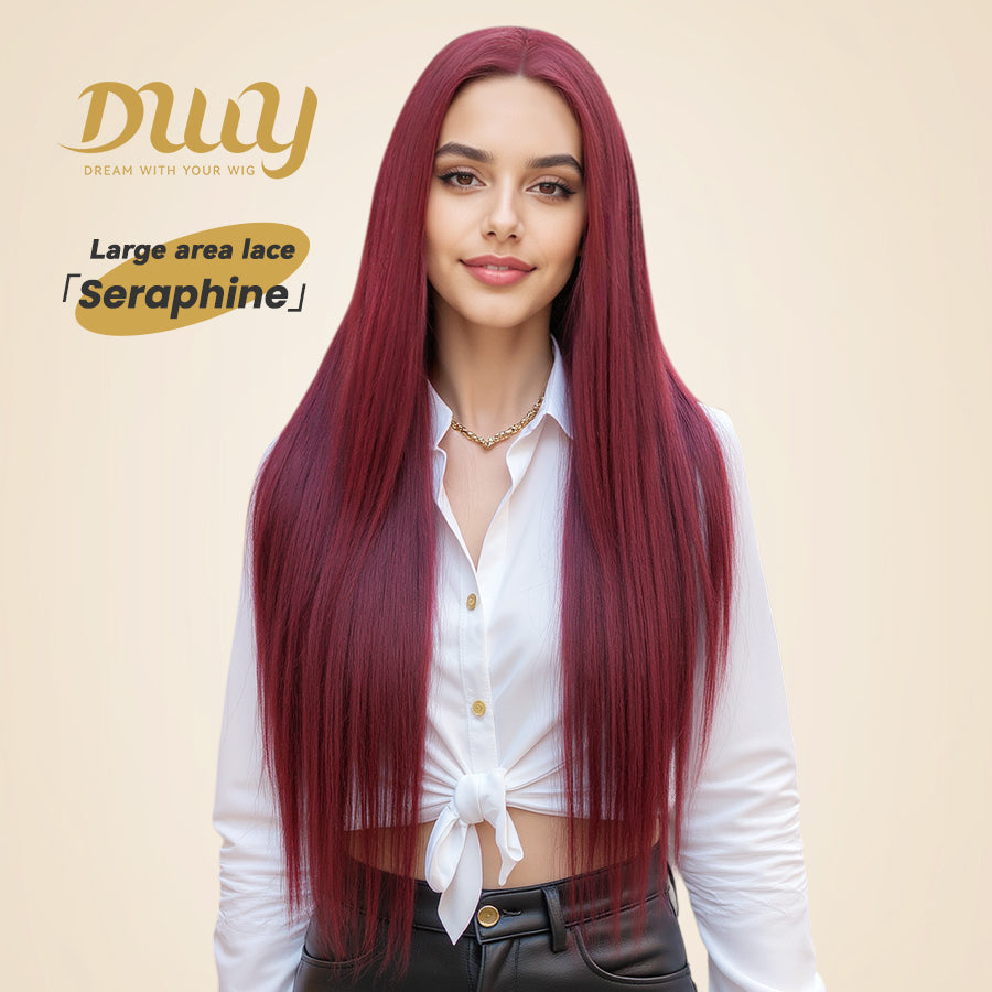 Seraphine-DWY Filter Lace 28-Inch Silky Straight Burgundy Lace Front Wig – 13x6 Free Part